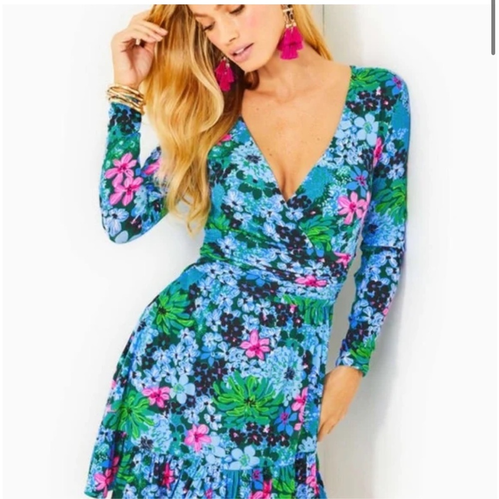 Lilly Pulitzer Blue and Green Fit and Flare Wrap romper